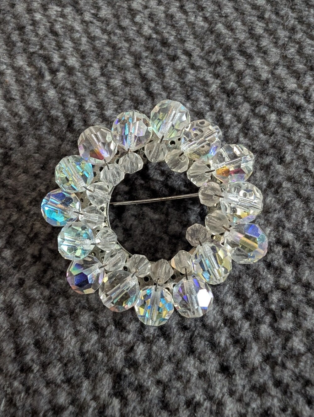 Vintage Faceted Crystal Aurora Borealis Circle Brooch